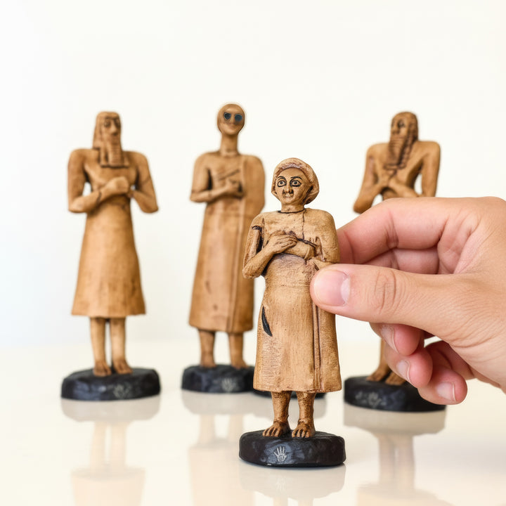 “Close-up of the 4-piece Tell Asmar figurine set with the small female worshipper held gently in hand — showing scale and handcrafted detail of Mesopotamian art replicas made with devotion and precision.”
TR:
“Küçük kadın tapınan figürün elde tutulduğu dört parçalı Tell Asmar setinin yakın plan çekimi — el yapımı Mezopotamya sanat replikalarının boyutunu ve ince detay işçiliğini gösterir.”