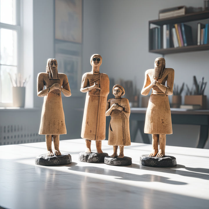 “Four handmade Sumerian votive figurines from the Tell Asmar collection displayed together on a bright wooden table in a minimalist home interior — handcrafted Mesopotamian art symbolizing balance, spirituality, and sacred devotion.”
TR:
“Aydınlık bir ev ortamında, ahşap masa üzerinde birlikte sergilenen dört el yapımı Sümer votif figürü — dengeyi, ruhsallığı ve kutsal adanmışlığı simgeleyen el yapımı Mezopotamya sanat eserleri.”