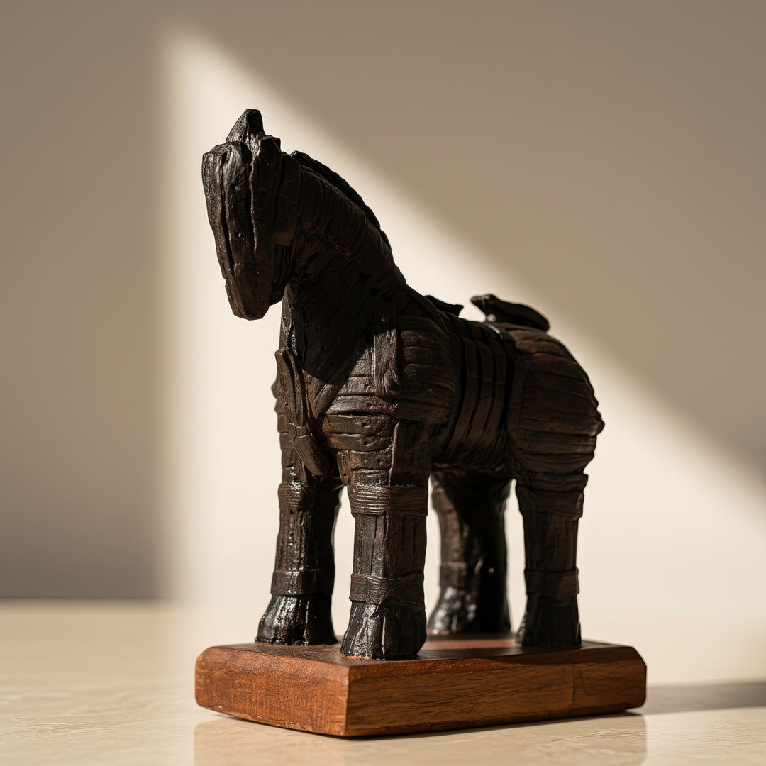 “Handmade Trojan Horse sculpture photographed in warm evening light with soft shadows on a textured background — highlighting the ancient Anatolian craftsmanship, mythological symbolism, and timeless artistic heritage. The golden tones emphasize hand-painted wooden details, making it perfect for boho and historical interiors.”

TR:
“Sıcak akşam ışığında, gölgeli dokulu arka plan önünde çekilmiş el yapımı Truva Atı heykeli — antik Anadolu el işçiliğini, mitolojik sembolizmi ve zamansız sanatsal mirası vurgul