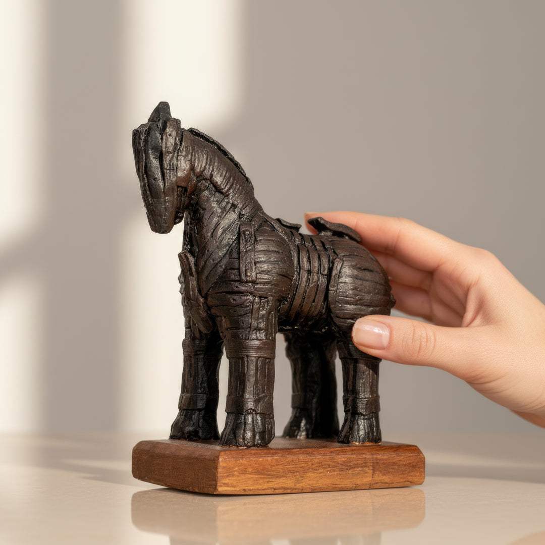 “Hand holding the handcrafted Trojan Horse replica for size reference — a symbol of ancient Anatolian warfare and artistry, meticulously recreated with realistic wooden texture and bronze-toned finish.”
TR:
“Elin tuttuğu el yapımı Truva Atı replikası — antik Anadolu savaşlarını ve sanatını simgeleyen, gerçekçi ahşap dokusu ve bronz tonlu yüzeyiyle özenle yeniden üretilmiş bir eser.”