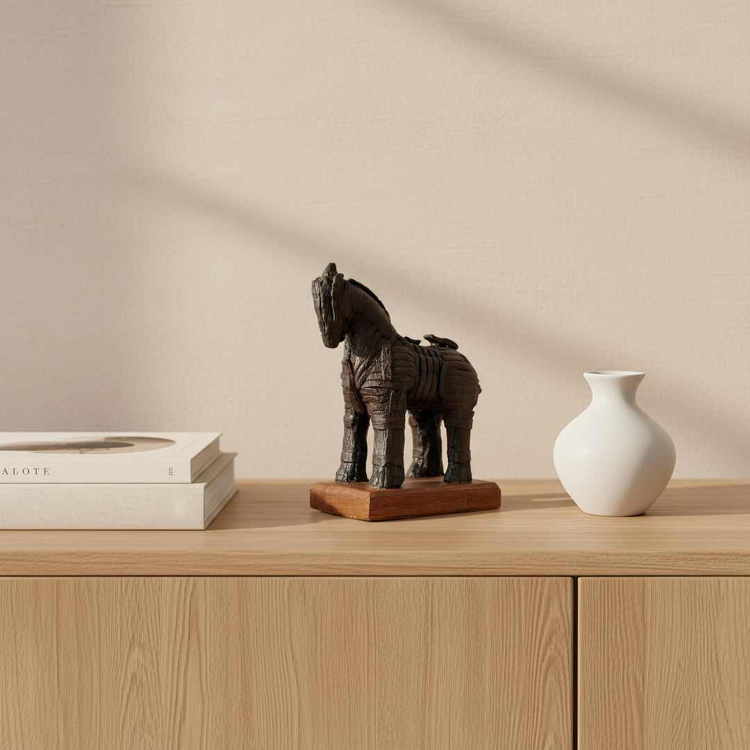 “Close-up of the hand-painted Trojan Horse statue in a cozy home setting — surrounded by books, candles, and earthy decor elements, highlighting the fusion of ancient myth and modern design.”
TR:
“Sıcak tonlarda dekore edilmiş bir ev ortamında sergilenen el boyaması Truva Atı heykelinin yakın plan çekimi — kitaplar, mumlar ve doğal objelerle çevrili; antik mitolojiyle modern tasarımın birleşimini vurgular.”