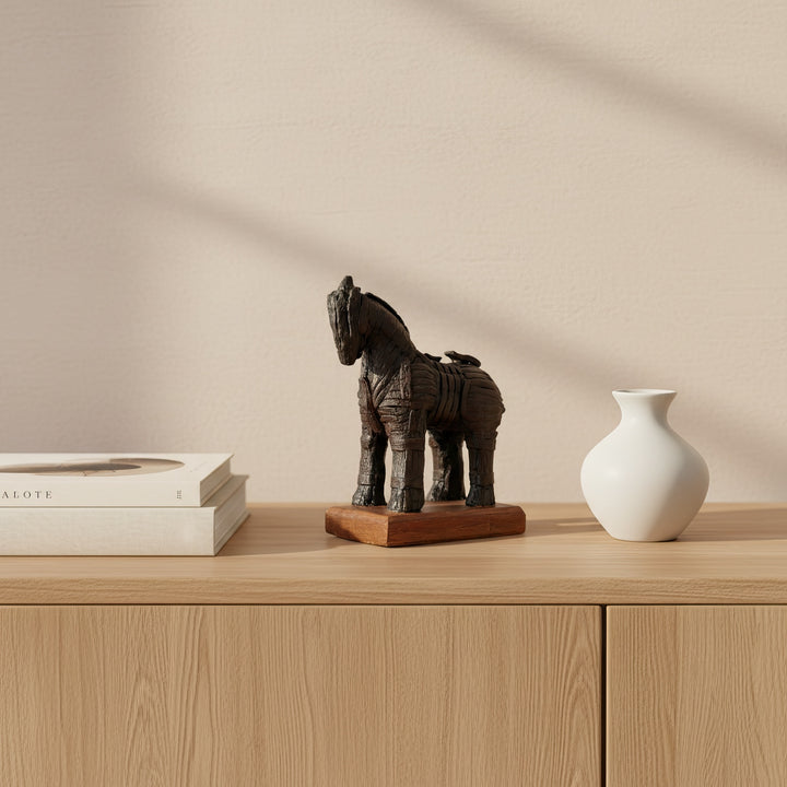 “Close-up of the hand-painted Trojan Horse statue in a cozy home setting — surrounded by books, candles, and earthy decor elements, highlighting the fusion of ancient myth and modern design.”
TR:
“Sıcak tonlarda dekore edilmiş bir ev ortamında sergilenen el boyaması Truva Atı heykelinin yakın plan çekimi — kitaplar, mumlar ve doğal objelerle çevrili; antik mitolojiyle modern tasarımın birleşimini vurgular.”