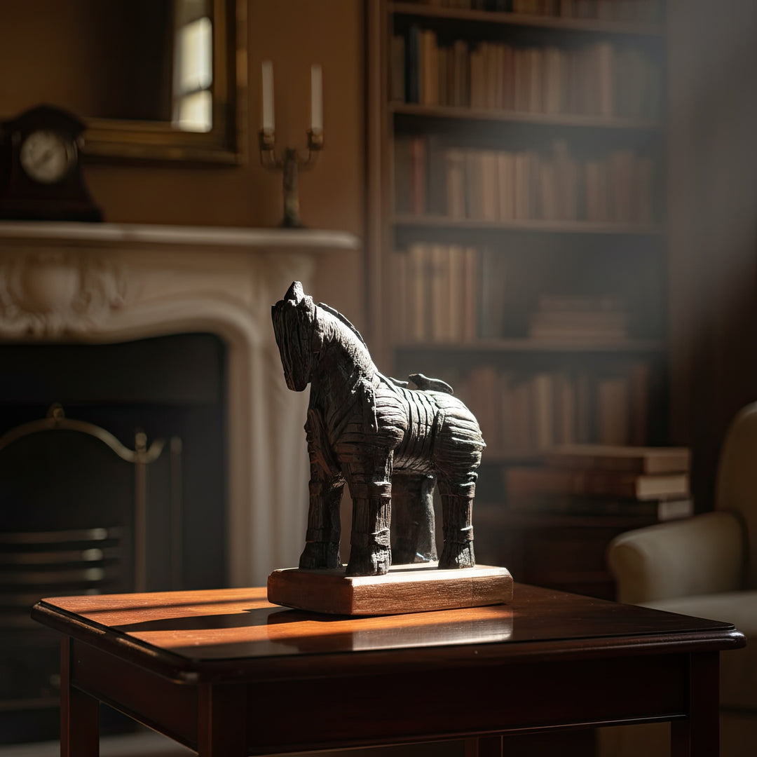 “Trojan Horse sculpture photographed on a dark textured background — museum-quality archaeological replica symbolizing ancient Greek and Anatolian heritage, perfect for collectors and history enthusiasts.”
TR:
“Koyu dokulu arka plan önünde çekilmiş Truva Atı heykeli — antik Yunan ve Anadolu mirasını simgeleyen, koleksiyonerler ve tarih severler için müze kalitesinde bir arkeolojik replika.”
