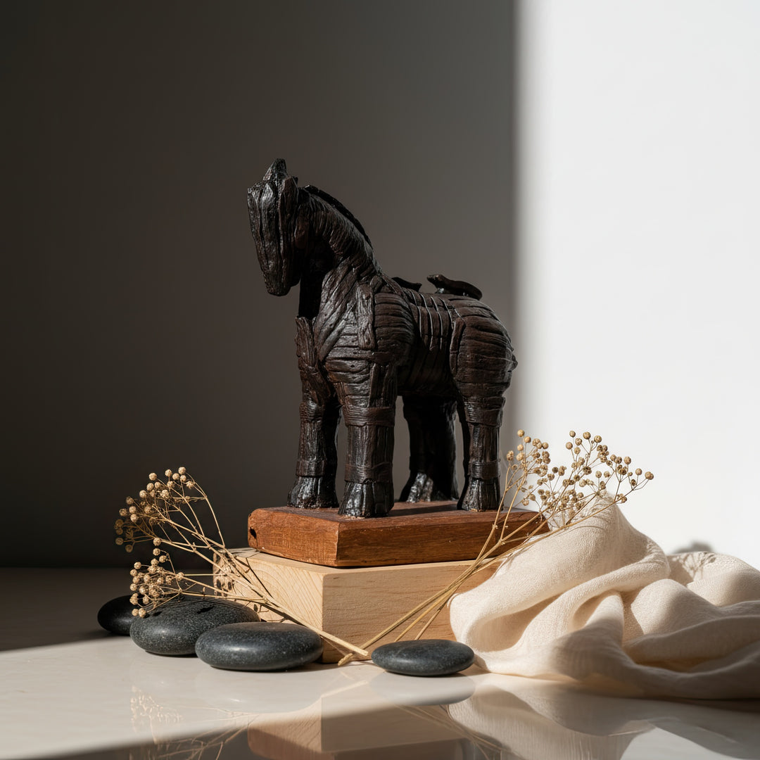 “Boho interior scene featuring the Trojan Horse sculpture on a rustic wooden console with dried flowers and soft lighting — blending historical symbolism with modern artistic home decor.”
TR:
“Kuru çiçekler ve yumuşak ışıkla dekore edilmiş rustik ahşap konsol üzerinde sergilenen Truva Atı heykelinin boho tarzı iç mekân sahnesi — tarihi sembolizmi modern sanatsal ev dekoruyla birleştirir.”
