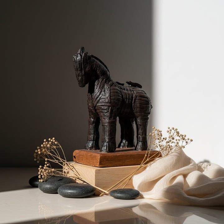 “Boho interior scene featuring the Trojan Horse sculpture on a rustic wooden console with dried flowers and soft lighting — blending historical symbolism with modern artistic home decor.”
TR:
“Kuru çiçekler ve yumuşak ışıkla dekore edilmiş rustik ahşap konsol üzerinde sergilenen Truva Atı heykelinin boho tarzı iç mekân sahnesi — tarihi sembolizmi modern sanatsal ev dekoruyla birleştirir.”