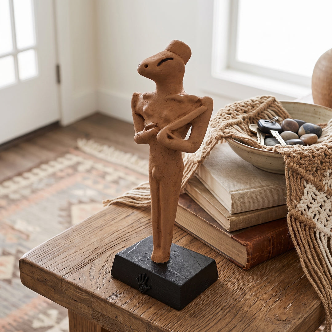 Minimalist ve boho dekorasyona sahip doğal tonlardaki bir rafta sergilenen Ubaid Ritüel Figürü, tarih öncesi Mezopotamya'nın en dikkat çekici arkeolojik buluntularından birini modern dekorasyon anlayışıyla buluşturur. İnce yüzey detayları ve karakteristik formuyla öne çıkan bu el yapımı figür; arkeoloji, antropoloji ve antik ritüel kültürleriyle ilgilenen koleksiyonerler için benzersiz bir dekoratif sanat eseridir. ArkeoArt tarafından hazırlanmıştır.