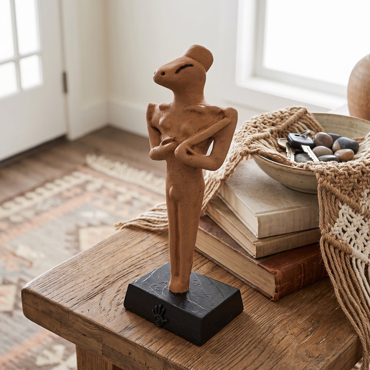 Minimalist ve boho dekorasyona sahip doğal tonlardaki bir rafta sergilenen Ubaid Ritüel Figürü, tarih öncesi Mezopotamya'nın en dikkat çekici arkeolojik buluntularından birini modern dekorasyon anlayışıyla buluşturur. İnce yüzey detayları ve karakteristik formuyla öne çıkan bu el yapımı figür; arkeoloji, antropoloji ve antik ritüel kültürleriyle ilgilenen koleksiyonerler için benzersiz bir dekoratif sanat eseridir. ArkeoArt tarafından hazırlanmıştır.