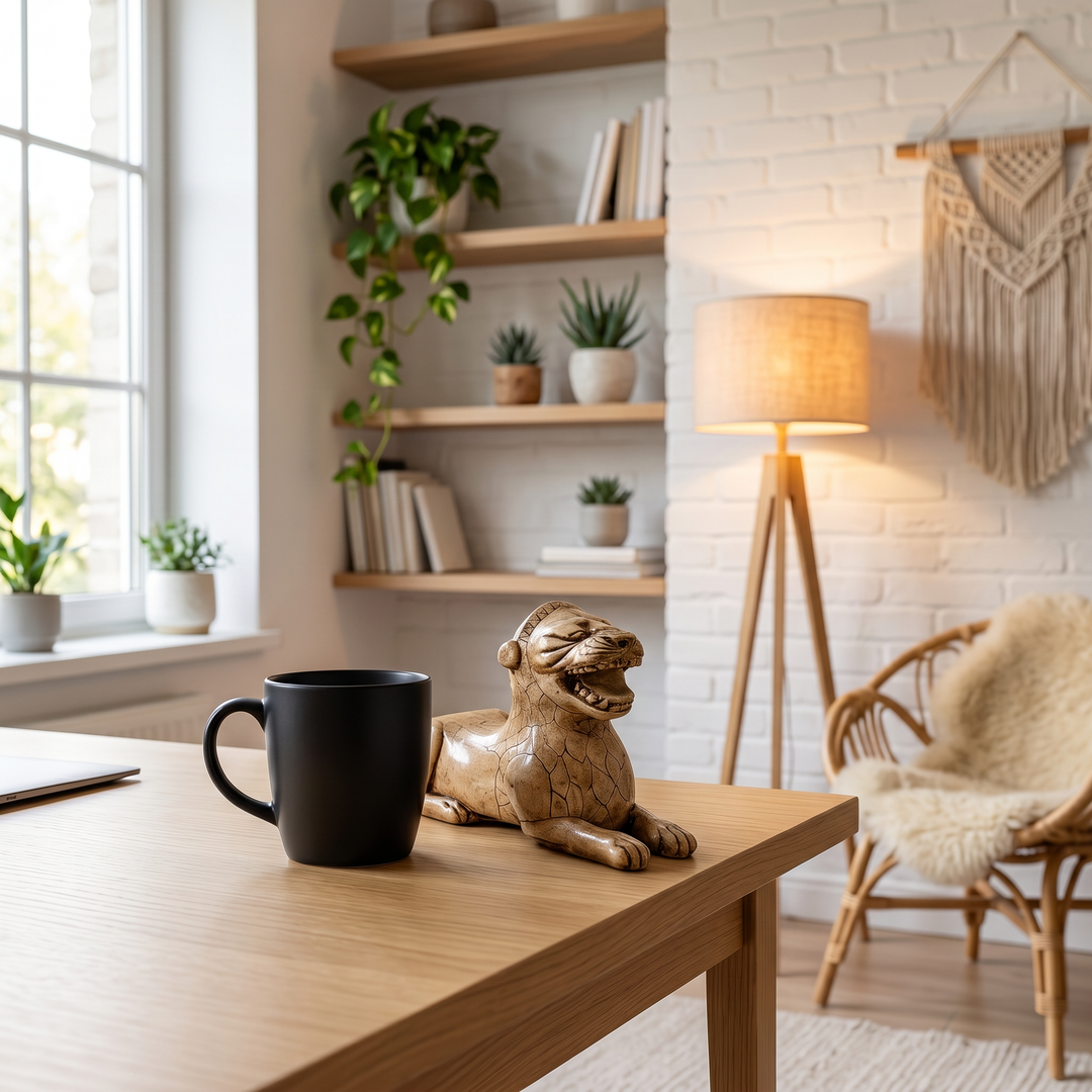 Toprak tonlarının hâkim olduğu boho dekorasyona sahip doğal taş dokulu bir rafta sergilenen Urartu Aslanı Figürü, seramik vazolar, kurutulmuş bitkiler ve doğal dekoratif objelerle uyum içinde dikkat çeker. Antik Urartu Krallığı'nın koruyucu aslan tasvirlerinden ilham alan bu arkeolojik heykel replikası; Anadolu tarihi, müze dekorasyonu ve antik sanat koleksiyonları için zamansız bir dekoratif eser sunar. ArkeoArt tasarımıdır.