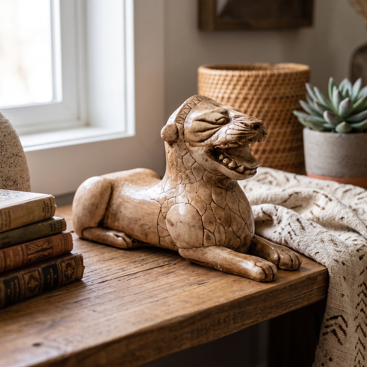 Toprak tonlarının hâkim olduğu boho dekorasyona sahip doğal taş dokulu bir rafta sergilenen Urartu Aslanı Figürü, seramik vazolar, kurutulmuş bitkiler ve doğal dekoratif objelerle uyum içinde dikkat çeker. Antik Urartu Krallığı'nın koruyucu aslan tasvirlerinden ilham alan bu arkeolojik heykel replikası; Anadolu tarihi, müze dekorasyonu ve antik sanat koleksiyonları için zamansız bir dekoratif eser sunar. ArkeoArt tasarımıdır.