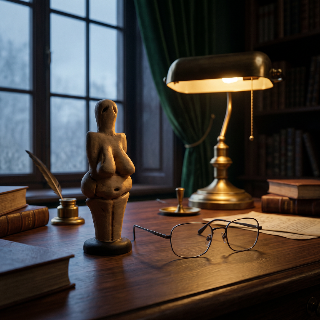 Koyu ahşap bir kitaplık üzerinde antropoloji, tarih öncesi arkeoloji ve sanat tarihi kitapları arasında sergilenen Venus of Lespugue Heykeli, çalışma odaları ve dark academia tarzı kütüphaneler için etkileyici bir kültürel odak noktası oluşturur. Yaklaşık 25.000 yıllık Paleolitik sanat geleneğini temsil eden bu el yapımı müze replikası; tarih, insanlık ve erken sembolik sanat koleksiyonları için özel olarak ArkeoArt tarafından üretilmiştir.