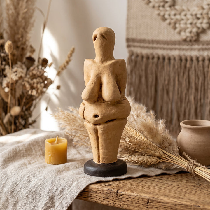 Bohem tarzda dekore edilmiş sıcak bir yaşam alanında sergilenen Venus of Lespugue Heykeli Replikası, doğal ahşap mobilyalar, keten dokular, seramik aksesuarlar ve yumuşak gün ışığıyla Üst Paleolitik dönemin büyüleyici sanat anlayışını modern dekorasyona taşır. Tarih öncesi Venüs figürleri arasında en önemli eserlerden biri kabul edilen bu bereket tanrıçası; arkeoloji, antropoloji ve prehistorik sanat tutkunları için ArkeoArt el işçiliğiyle hazırlanmıştır.