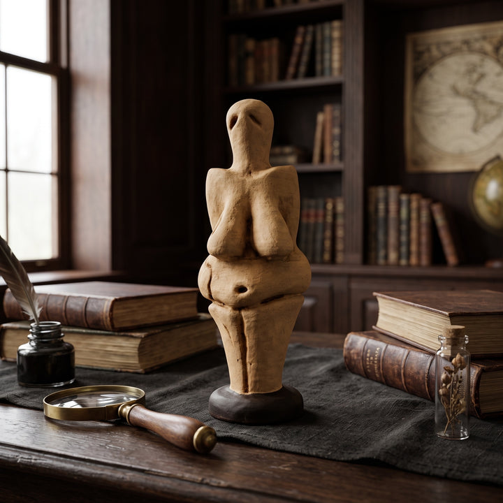 Koyu ahşap bir kitaplık üzerinde antropoloji, tarih öncesi arkeoloji ve sanat tarihi kitapları arasında sergilenen Venus of Lespugue Heykeli, çalışma odaları ve dark academia tarzı kütüphaneler için etkileyici bir kültürel odak noktası oluşturur. Yaklaşık 25.000 yıllık Paleolitik sanat geleneğini temsil eden bu el yapımı müze replikası; tarih, insanlık ve erken sembolik sanat koleksiyonları için özel olarak ArkeoArt tarafından üretilmiştir.