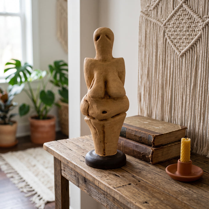 Bohem tarzda dekore edilmiş sıcak bir yaşam alanında sergilenen Venus of Lespugue Heykeli Replikası, doğal ahşap mobilyalar, keten dokular, seramik aksesuarlar ve yumuşak gün ışığıyla Üst Paleolitik dönemin büyüleyici sanat anlayışını modern dekorasyona taşır. Tarih öncesi Venüs figürleri arasında en önemli eserlerden biri kabul edilen bu bereket tanrıçası; arkeoloji, antropoloji ve prehistorik sanat tutkunları için ArkeoArt el işçiliğiyle hazırlanmıştır.