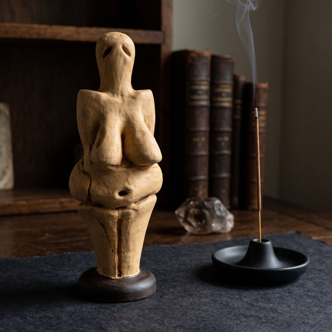 Koyu ahşap bir kitaplık üzerinde antropoloji, tarih öncesi arkeoloji ve sanat tarihi kitapları arasında sergilenen Venus of Lespugue Heykeli, çalışma odaları ve dark academia tarzı kütüphaneler için etkileyici bir kültürel odak noktası oluşturur. Yaklaşık 25.000 yıllık Paleolitik sanat geleneğini temsil eden bu el yapımı müze replikası; tarih, insanlık ve erken sembolik sanat koleksiyonları için özel olarak ArkeoArt tarafından üretilmiştir.