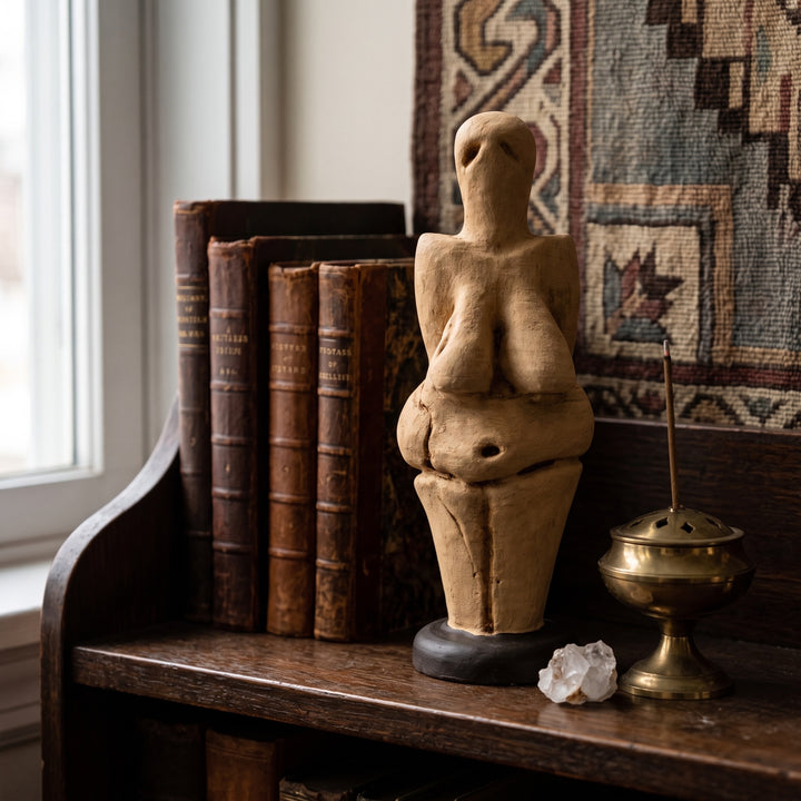 Koyu ahşap bir kitaplık üzerinde antropoloji, tarih öncesi arkeoloji ve sanat tarihi kitapları arasında sergilenen Venus of Lespugue Heykeli, çalışma odaları ve dark academia tarzı kütüphaneler için etkileyici bir kültürel odak noktası oluşturur. Yaklaşık 25.000 yıllık Paleolitik sanat geleneğini temsil eden bu el yapımı müze replikası; tarih, insanlık ve erken sembolik sanat koleksiyonları için özel olarak ArkeoArt tarafından üretilmiştir.