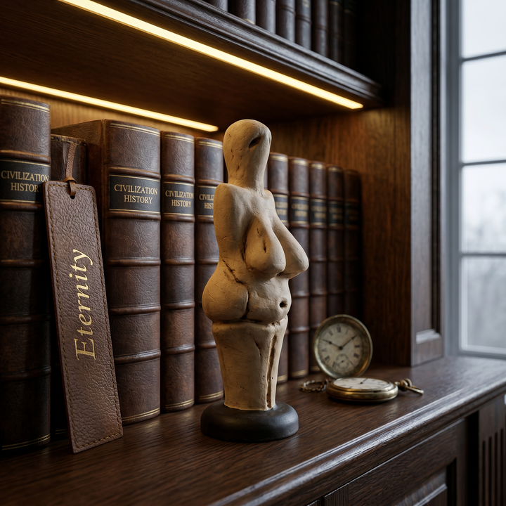 Koyu ahşap bir kitaplık üzerinde antropoloji, tarih öncesi arkeoloji ve sanat tarihi kitapları arasında sergilenen Venus of Lespugue Heykeli, çalışma odaları ve dark academia tarzı kütüphaneler için etkileyici bir kültürel odak noktası oluşturur. Yaklaşık 25.000 yıllık Paleolitik sanat geleneğini temsil eden bu el yapımı müze replikası; tarih, insanlık ve erken sembolik sanat koleksiyonları için özel olarak ArkeoArt tarafından üretilmiştir.