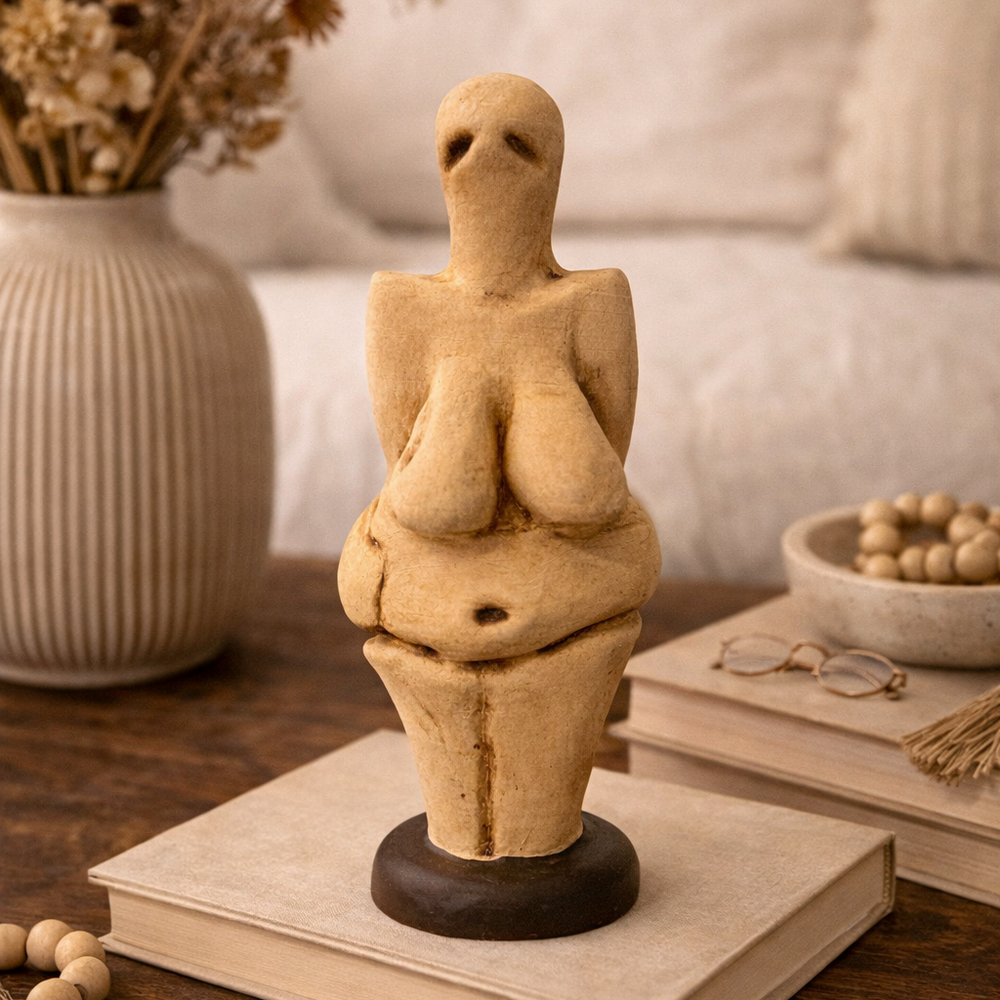 Venus of Lespugue replikası kitaplık üzerinde lifestyle ortamda sergilenmektedir. Prehistorik doğurganlık tanrıça figürü, kitaplar ve dekoratif objelerle birlikte kullanıldığında tarih öncesi sanatın estetiğini yaşam alanlarına taşır ve koleksiyonlara güçlü bir karakter kazandırır.