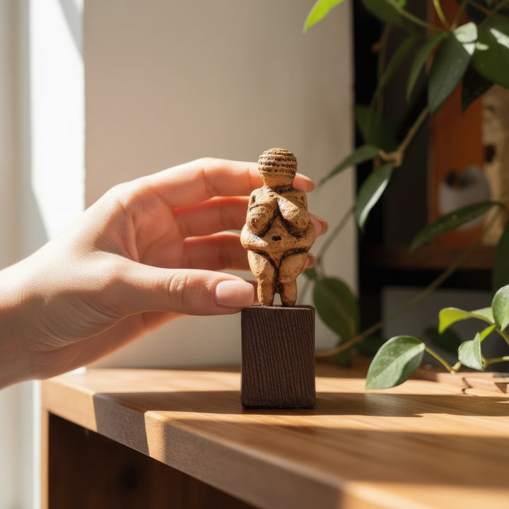 “Hand holding the Venus of Willendorf figurine to show realistic scale and texture, emphasizing its smooth surface and ancient feminine symbolism.”
TR:
“Gerçek boyut ve dokuyu göstermek için ele alınmış Venüs of Willendorf figürü; pürüzsüz yüzeyi ve antik dişil sembolizmiyle öne çıkıyor.”