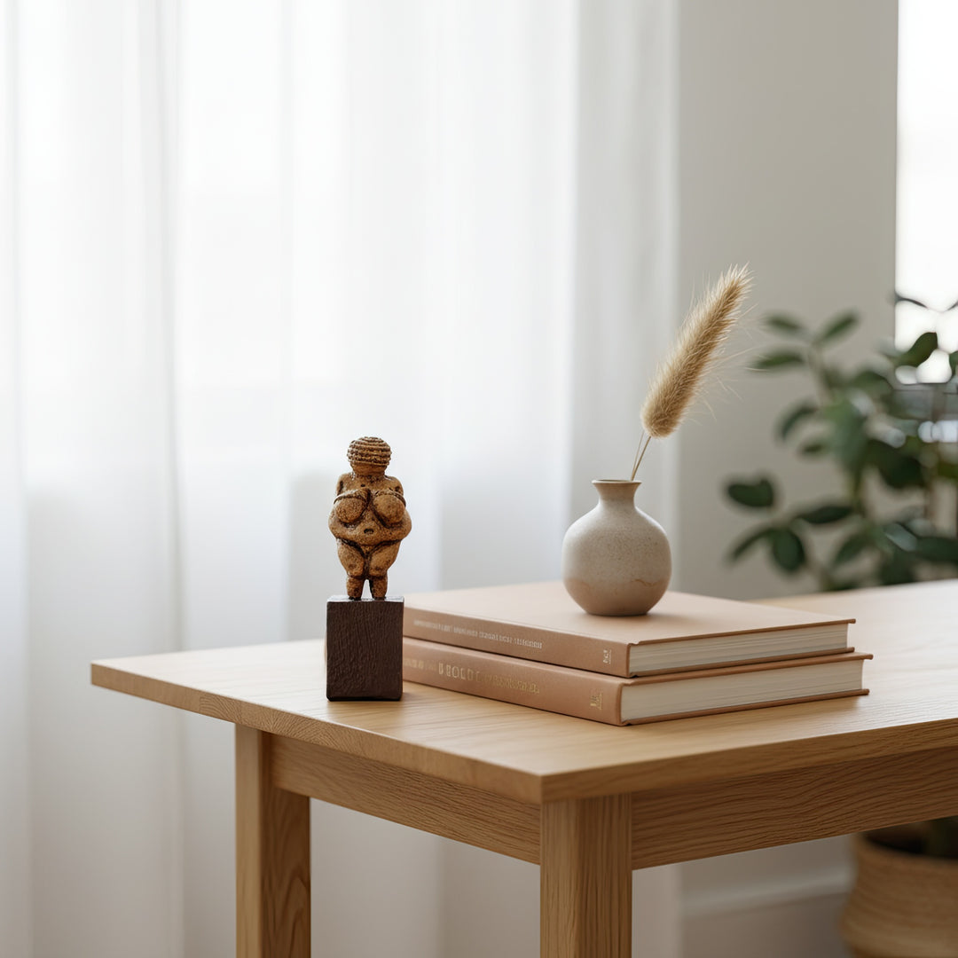 “Boho-style living room setup featuring the Venus of Willendorf statue surrounded by natural textures and warm earthy tones.”
TR:
“Doğal dokular ve sıcak toprak tonlarıyla çevrelenmiş boho tarzı oturma odasında Venüs of Willendorf heykeli sergileniyor.”