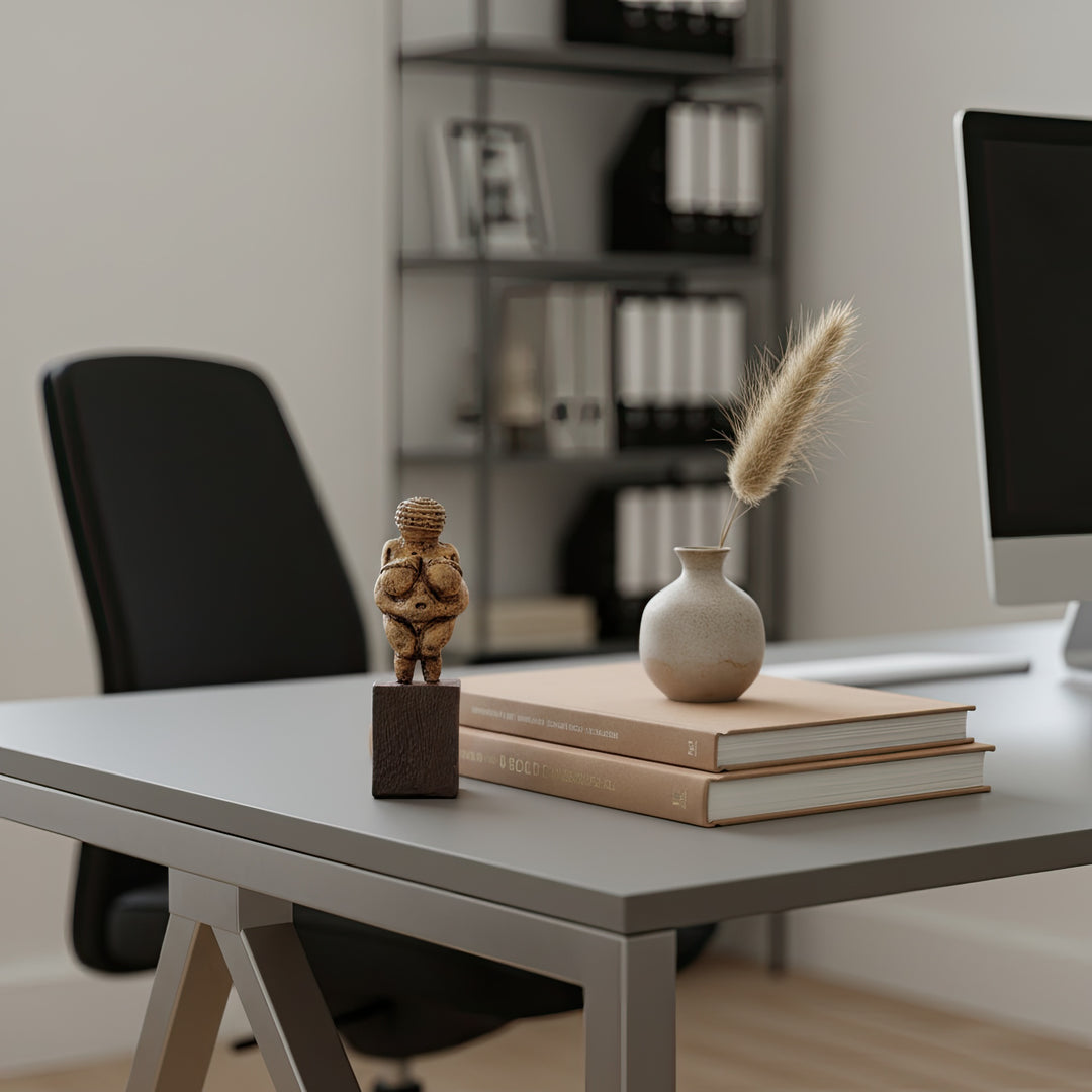 “Venus of Willendorf figurine on an office desk under bright daylight tones, adding inspiration and cultural depth to a creative workspace.”
TR:
“Açık gün ışığı tonları altında bir ofis masasında sergilenen Venüs of Willendorf figürü; yaratıcı çalışma alanına ilham ve kültürel derinlik katıyor.”