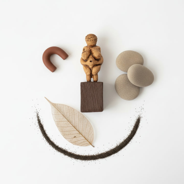 “Top-down view of the Venus of Willendorf statue surrounded by natural objects — dried flowers, linen cloth, and pottery, creating an archaeological still life.”
TR:
“Kurumuş çiçekler, keten kumaş ve seramiklerle çevrili Venüs of Willendorf heykelinin tepeden görünümü; arkeolojik bir natürmort hissi yaratıyor.”