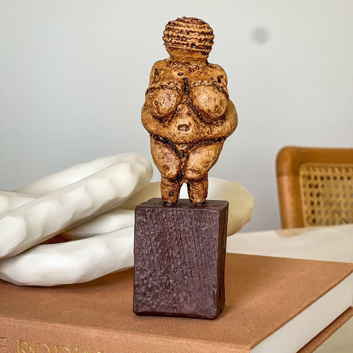 “Venus of Willendorf figurine displayed beside vintage books on a wooden shelf — blending archaeology and art in a cozy academic ambiance.”
TR:
“Ahşap bir rafta antik kitapların yanında sergilenen Venüs of Willendorf figürü; arkeoloji ve sanatı sıcak bir akademik atmosferde buluşturuyor.”