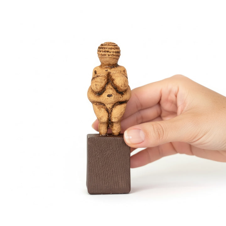 Willendorf Venüsü heykeli elde tutularak ölçek gösterilen fotoğraf. Venus of Willendorf replikası, Paleolitik doğurganlık tanrıçası figürünün detaylı yüzey dokusunu ve gerçek boyutlarını göstermektedir. ArkeoArt atölyesinde üretilen bu Paleolithic Venus sculpture, arkeoloji ve tarih koleksiyonları için tasarlanmış müze kalitesinde bir tarih öncesi sanat objesidir.
