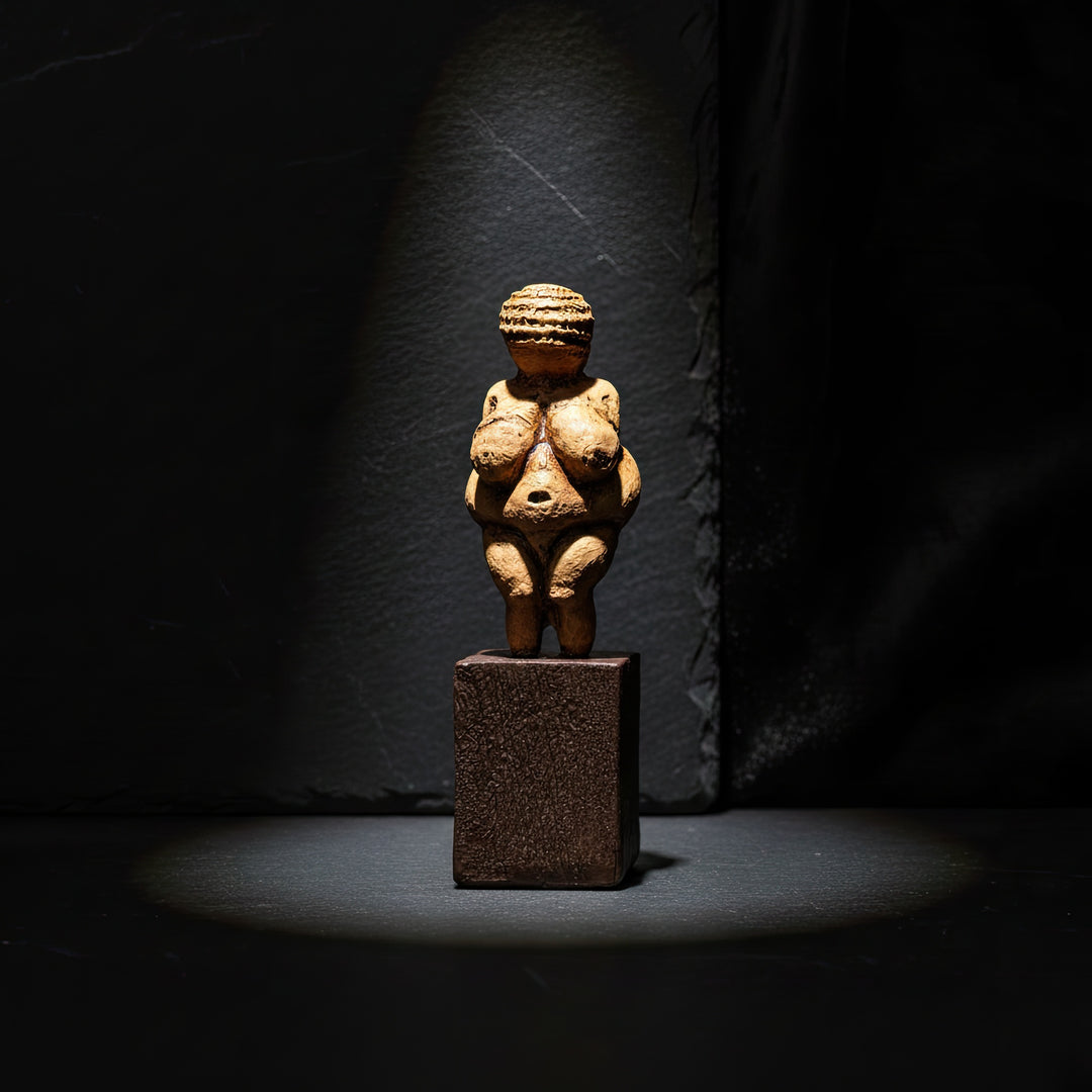Willendorf Venüsü heykeli yukarıdan gelen yumuşak ışıkla çekilmiş Pinterest tarzı ürün fotoğrafı. Paleolitik doğurganlık tanrıçası figürü olan Venus of Willendorf replica, minimal masa dekoru içinde görülmektedir. ArkeoArt tarafından üretilen bu Paleolithic Venus statue, tarih öncesi sanat ve arkeoloji koleksiyonları için estetik ve kültürel bir dekoratif objedir.