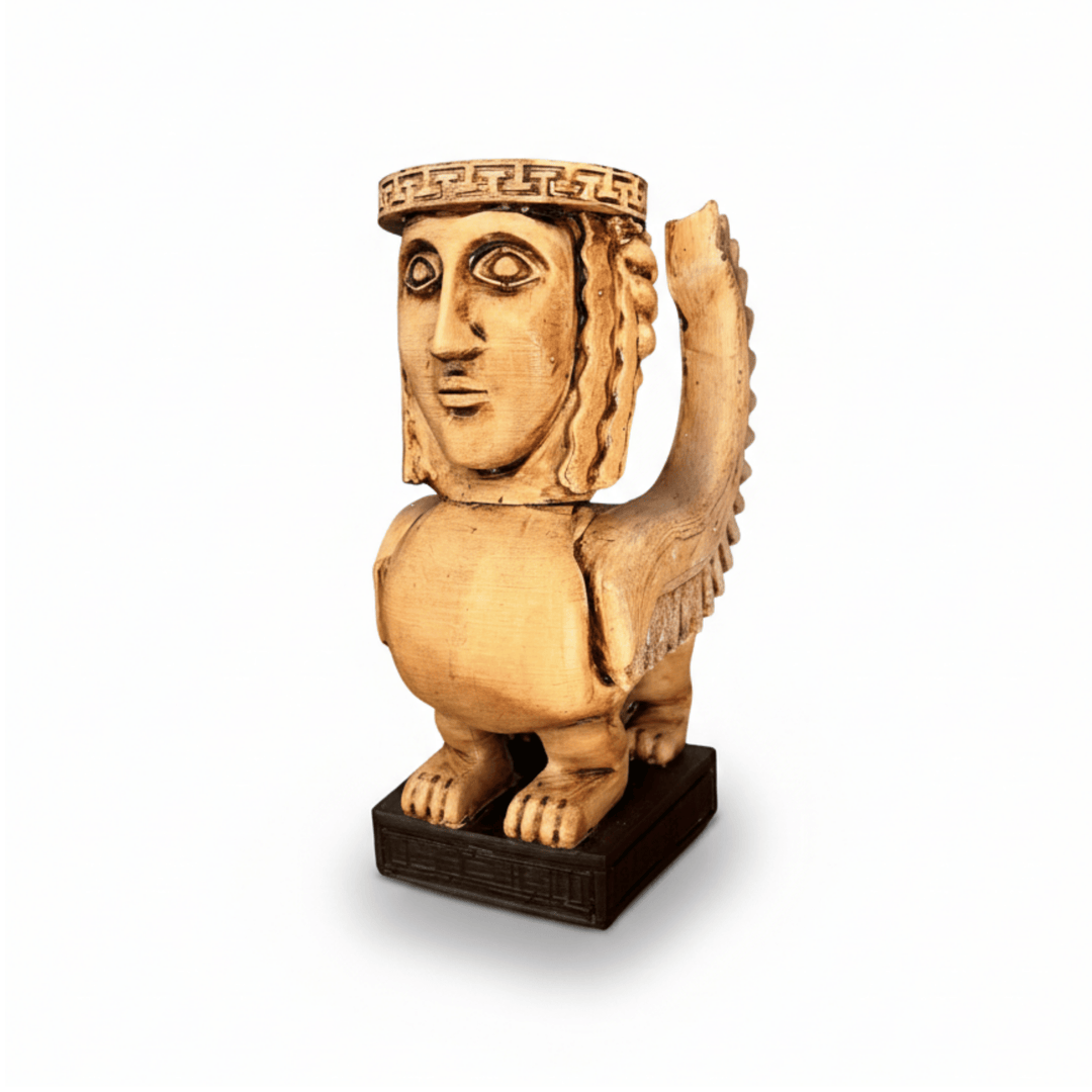 Beyaz fonda çapraz açıyla sergilenen Kanatlı Antik Yunan Sfenksi. Güç, bilgelik ve koruma sembollerini bir araya getiren mitolojik heykel replikası. Antik Yunan mitolojisi temalı, premium dekoratif obje.