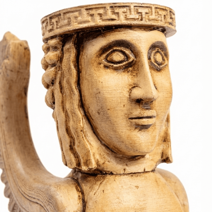 Beyaz arka planda Kanatlı Yunan Sfenksi heykeli. Antik Yunan mitolojisinden ilham alan bu sembolik figür, müze dekoru ve koleksiyonluk arkeolojik replik olarak tasarlanmıştır. Taş dokulu yüzeyi ve dengeli formu öne çıkar.