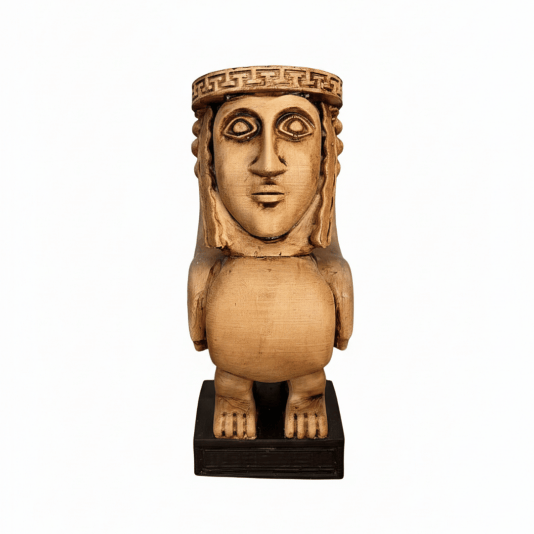 Beyaz arka planda Kanatlı Yunan Sfenksi heykeli. Antik Yunan mitolojisinden ilham alan bu sembolik figür, müze dekoru ve koleksiyonluk arkeolojik replik olarak tasarlanmıştır. Taş dokulu yüzeyi ve dengeli formu öne çıkar.