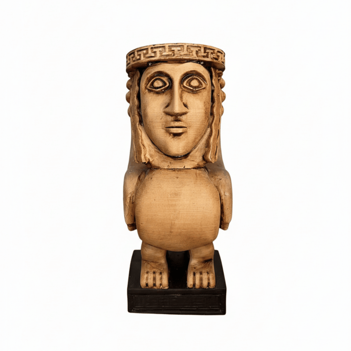 Beyaz arka planda Kanatlı Yunan Sfenksi heykeli. Antik Yunan mitolojisinden ilham alan bu sembolik figür, müze dekoru ve koleksiyonluk arkeolojik replik olarak tasarlanmıştır. Taş dokulu yüzeyi ve dengeli formu öne çıkar.