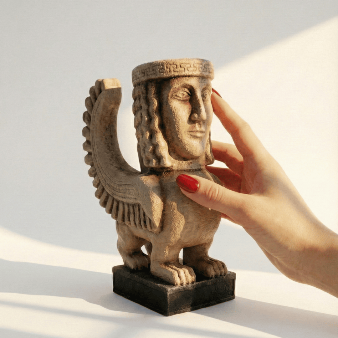 Elde tutularak ölçek gösterimi yapılan Kanatlı Antik Yunan Sfenksi heykeli. 20 cm ölçüsüyle masa üstü ve vitrin kullanımına uygundur. Antik mitoloji temalı, koleksiyonluk ve dengeli boyutlara sahip dekoratif heykel.