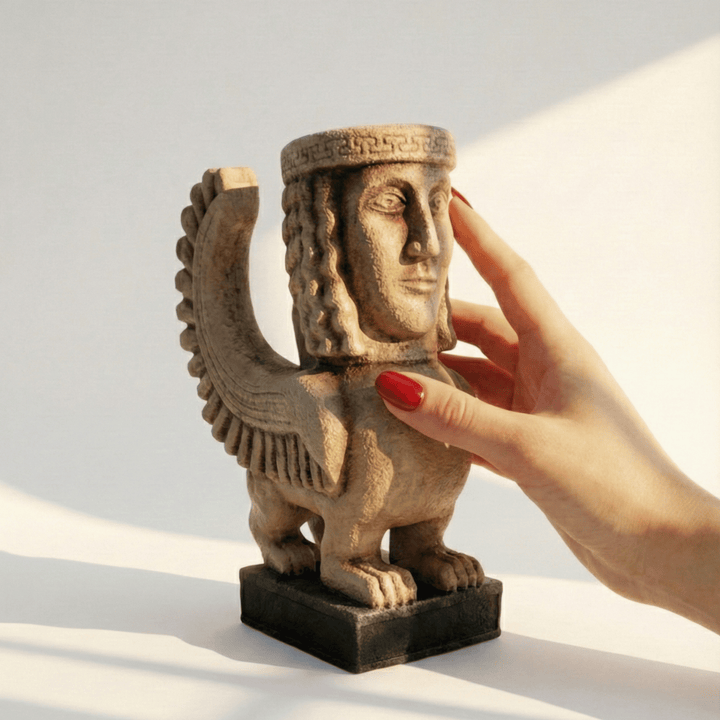 Elde tutularak ölçek gösterimi yapılan Kanatlı Antik Yunan Sfenksi heykeli. 20 cm ölçüsüyle masa üstü ve vitrin kullanımına uygundur. Antik mitoloji temalı, koleksiyonluk ve dengeli boyutlara sahip dekoratif heykel.