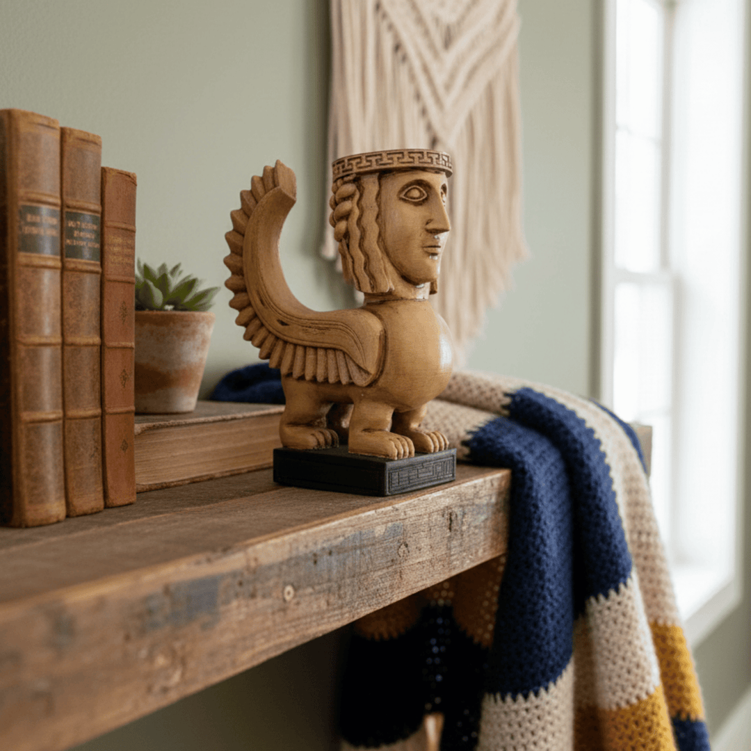 Boho tonlarda dekore edilmiş bir odada raf üzerinde Kanatlı Yunan Sfenksi heykeli. Antik mitolojiden ilham alan bu sembolik figür, yaşam alanına tarihsel derinlik ve karakter katan müze tarzı dekor objesi olarak öne çıkar.