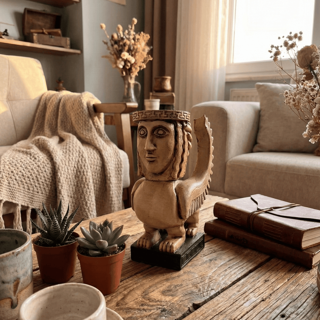 Yaşam alanında kullanılan Kanatlı Yunan Sfenksi heykeli. Antik Yunan mitolojisinden esinlenen bu koleksiyonluk figür, kitaplık ve dekoratif yüzeylerde güçlü bir odak noktası oluşturur. Müze estetiğinde zamansız bir dekor parçası.