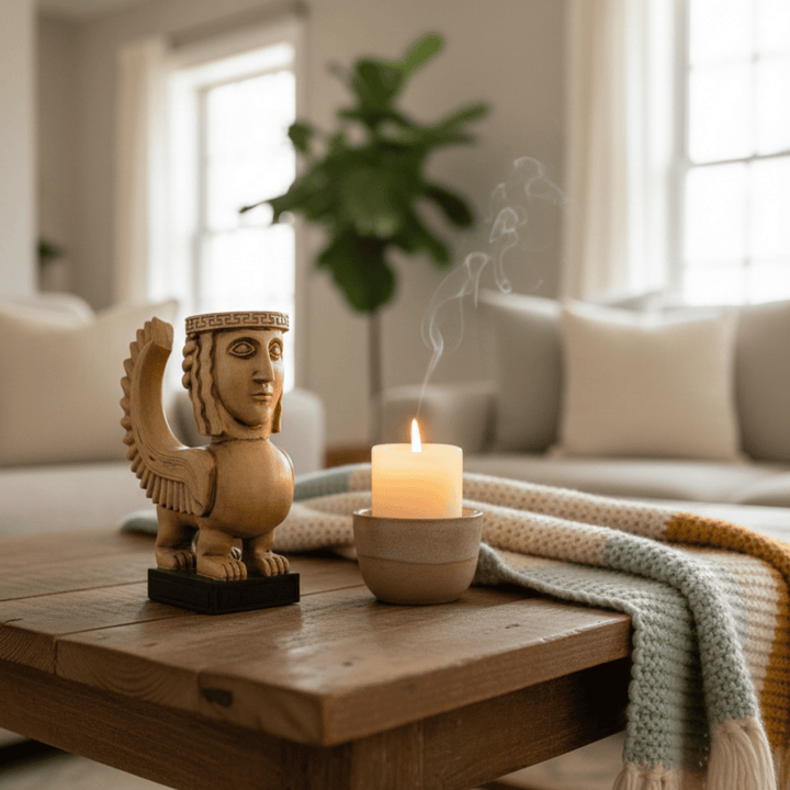 Orta sehpa üzerinde mum eşliğinde sergilenen Kanatlı Antik Yunan Sfenksi. Mitolojik koruyucu figür, iç mekâna mistik ve dengeli bir atmosfer kazandırır. Antik Yunan heykel replikası, spiritüel ve sanatsal dekor için idealdir.