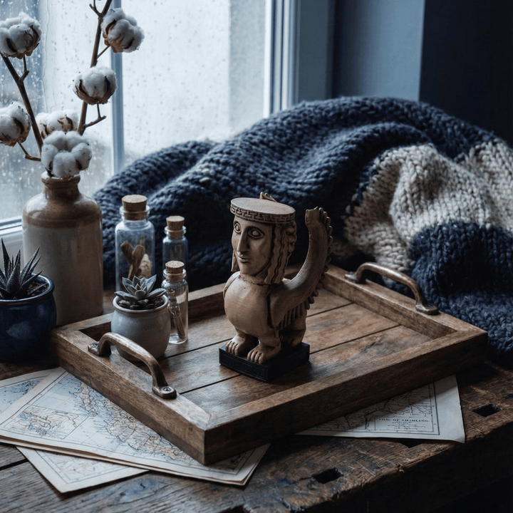 Yaşam alanında kullanılan Kanatlı Yunan Sfenksi heykeli. Antik Yunan mitolojisinden esinlenen bu koleksiyonluk figür, kitaplık ve dekoratif yüzeylerde güçlü bir odak noktası oluşturur. Müze estetiğinde zamansız bir dekor parçası.