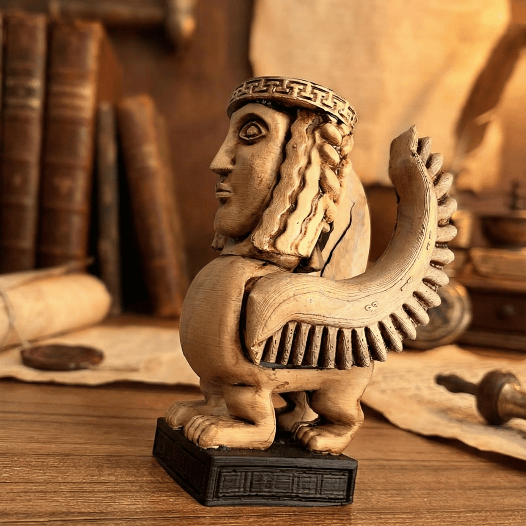 Kanatlı Antik Yunan Sfenksi heykeli çapraz profilden görülüyor. MÖ 650 Oryantalizan Dönem esinli mitolojik figür, insan başı ve aslan gövdesiyle bilgelik ve korumayı simgeler. Müze tarzı dekor, koleksiyonluk antik Yunan heykel replikası.