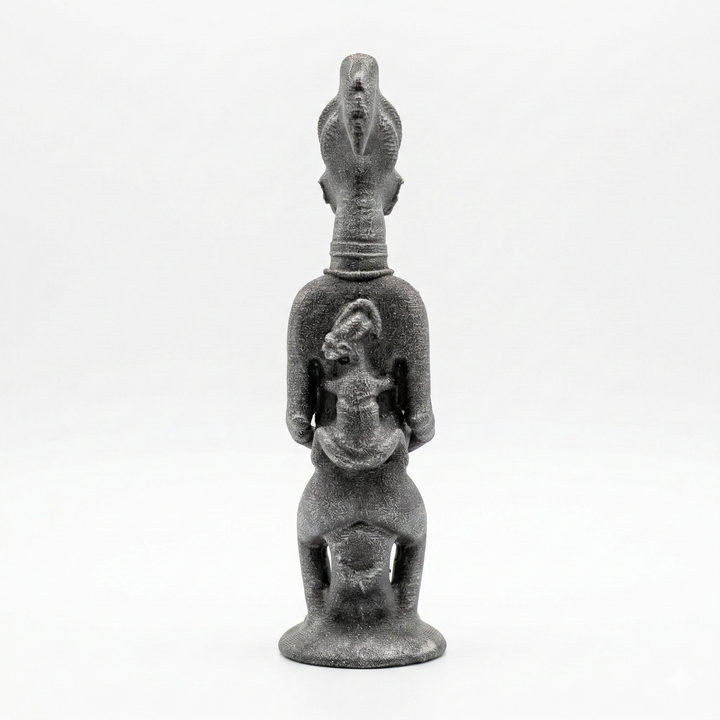 Yoruba anne ve çocuk figürü replikası taş ton arka görünüm, sırtında bebek taşıyan Afrika kadın heykeli ve ritüel sunu figürü formu ile Batı Afrika Nijerya kökenli etnografik sanat eseri, annelik ve doğurganlık sembolizmini yansıtan koleksiyonluk dekor by ArkeoArt