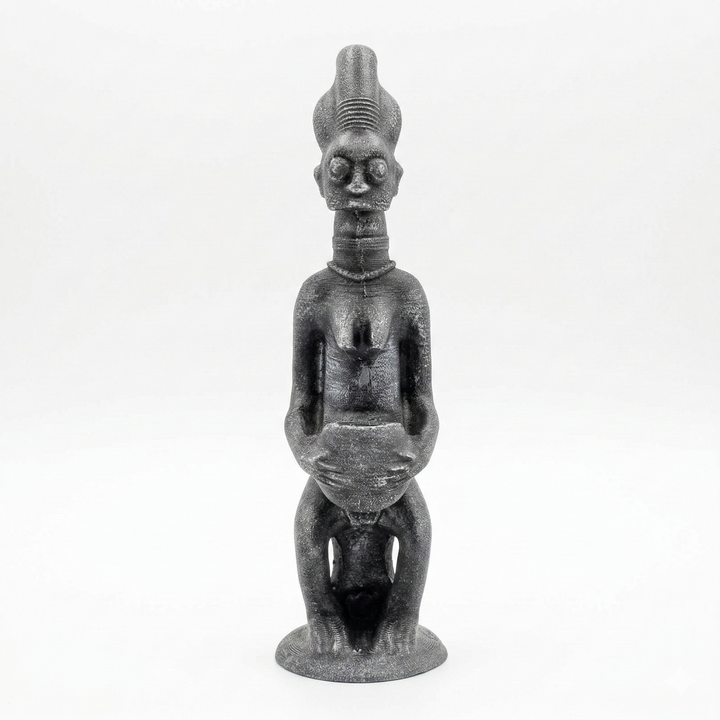 Yoruba anne ve çocuk figürü replikası taş ton ön görünüm, sırtında bebek taşıyan ve elinde sunu kasesi tutan Batı Afrika Nijerya kökenli ritüel heykel, annelik ve doğurganlık sembolü etnografik dekor by ArkeoArt