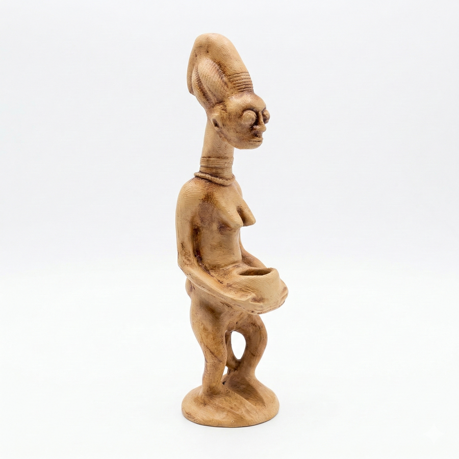 Yoruba anne figürü toprak ton çapraz görünüm, Afrika etnografik heykel sanatına ait stilize form ve annelik sembolizmi ile koleksiyonluk ve spiritüel dekor objesi by ArkeoArt