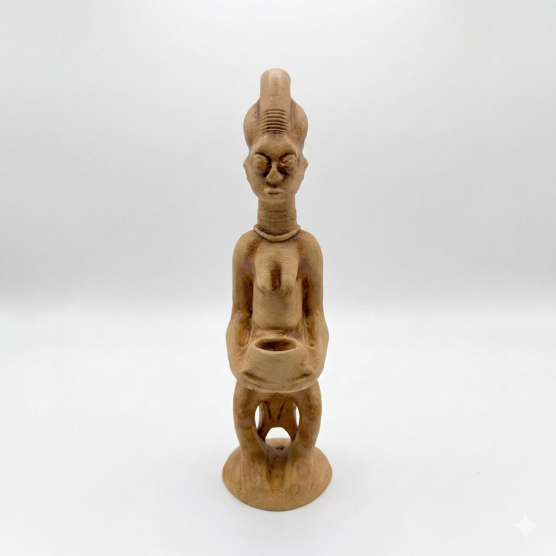 Yoruba anne ve çocuk figürü replikası toprak ton ön görünüm, sırtında bebek ve elinde sunu kasesi ile Batı Afrika Nijerya kökenli ritüel heykel, annelik ve doğurganlık temalı etnografik sanat eseri by ArkeoArt