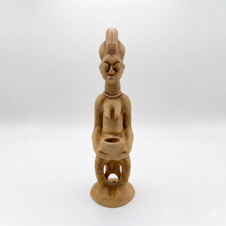 Yoruba anne ve çocuk figürü replikası toprak ton ön görünüm, sırtında bebek ve elinde sunu kasesi ile Batı Afrika Nijerya kökenli ritüel heykel, annelik ve doğurganlık temalı etnografik sanat eseri by ArkeoArt