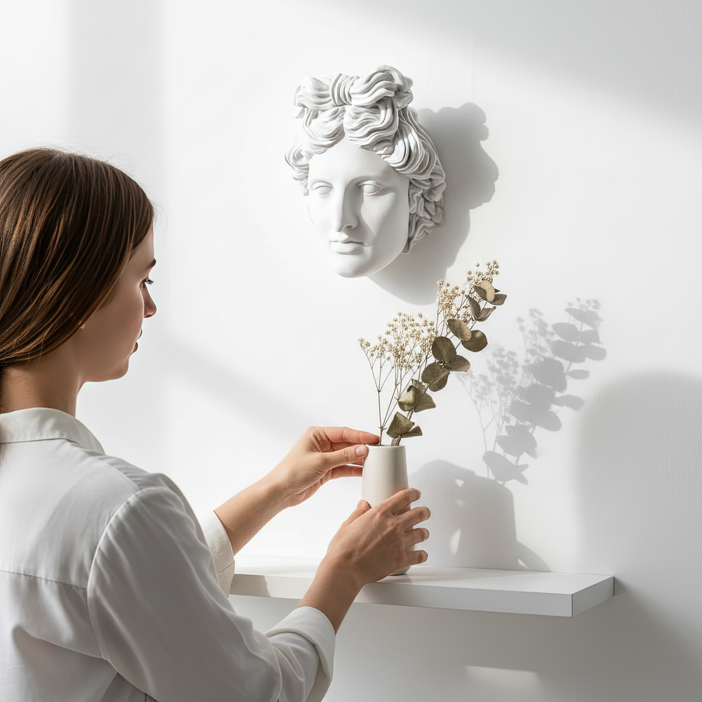 “Close-up of a hand gently holding the Apollo bust, showing its realistic size and handcrafted texture. Every detail reflects meticulous artistry inspired by ancient Greek craftsmanship.”
TR:
“Apollo büstünü nazikçe tutan elin yakın plan detayı — gerçekçi boyutu ve el işçiliği dokusunu gösteriyor. Her detay, antik Yunan zanaatkârlığından esinlenen özenli bir sanatı yansıtır.”