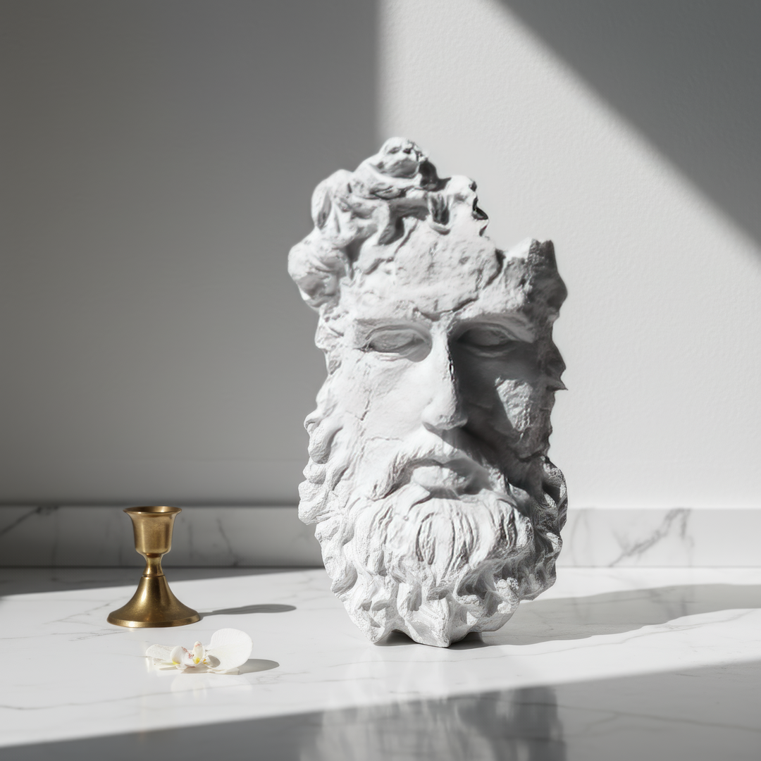 “Handcrafted Poseidon wall bust displayed on a white marble surface beside a small decorative object. The clean aesthetic highlights the divine craftsmanship and sea-inspired mythology of ancient Greece.”
TR:
“Beyaz mermer zemin üzerinde küçük bir dekoratif obje ile birlikte sergilenen el yapımı Poseidon duvar büstü. Bu sade kompozisyon, antik Yunan mitolojisinden ilham alan deniz temalı tanrısal el işçiliğini ön plana çıkarır.”