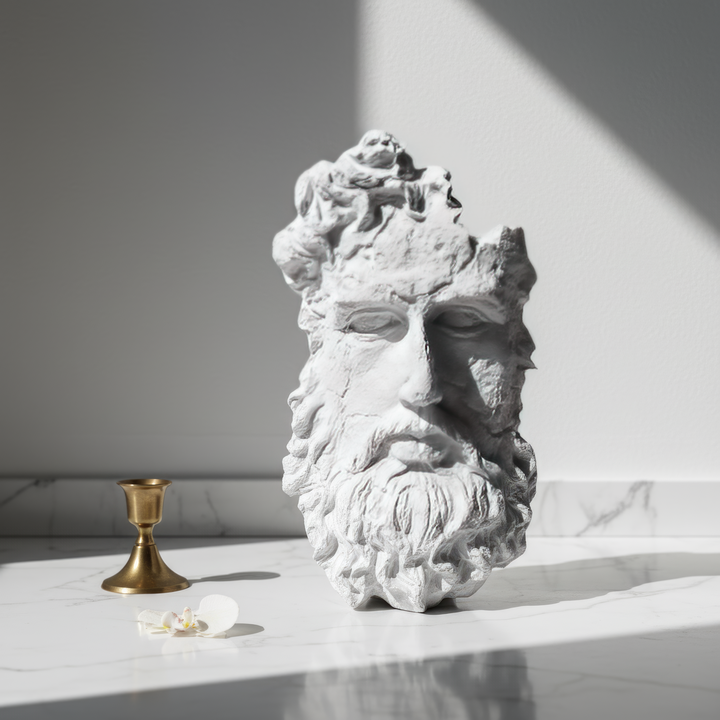 “Handcrafted Poseidon wall bust displayed on a white marble surface beside a small decorative object. The clean aesthetic highlights the divine craftsmanship and sea-inspired mythology of ancient Greece.”
TR:
“Beyaz mermer zemin üzerinde küçük bir dekoratif obje ile birlikte sergilenen el yapımı Poseidon duvar büstü. Bu sade kompozisyon, antik Yunan mitolojisinden ilham alan deniz temalı tanrısal el işçiliğini ön plana çıkarır.”