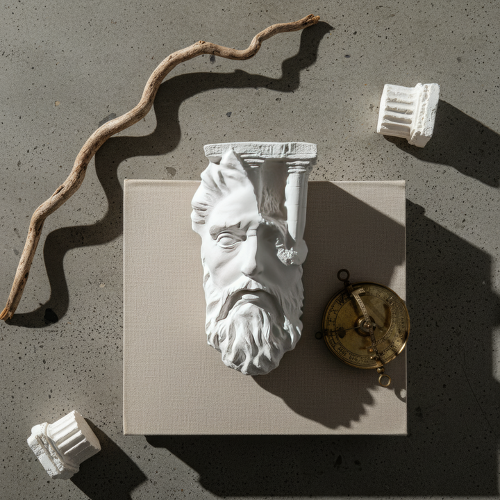 Vazo ve kitap detaylarıyla çevrelenmiş üstten çekim – Zeus büstü ile estetik bir sanat köşesi oluşturulmuş. / Top-down composition featuring Zeus bust with vase and decor objects – elegant artistic corner blending mythology and modern aesthetics, ArkeoArt sculpture.