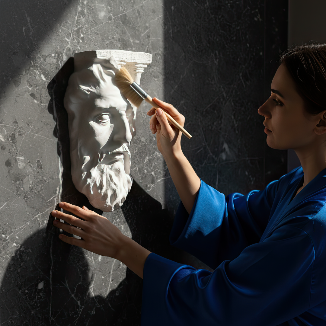 Duvara asılı Zeus büstü, yanında temizlik yapan kadın figürüyle – sanat eseri bakımının zarafetini vurgulayan sahne. / Zeus wall bust displayed during gentle cleaning by a woman – highlighting the elegance and care of art preservation, Greek mythology sculpture by ArkeoArt