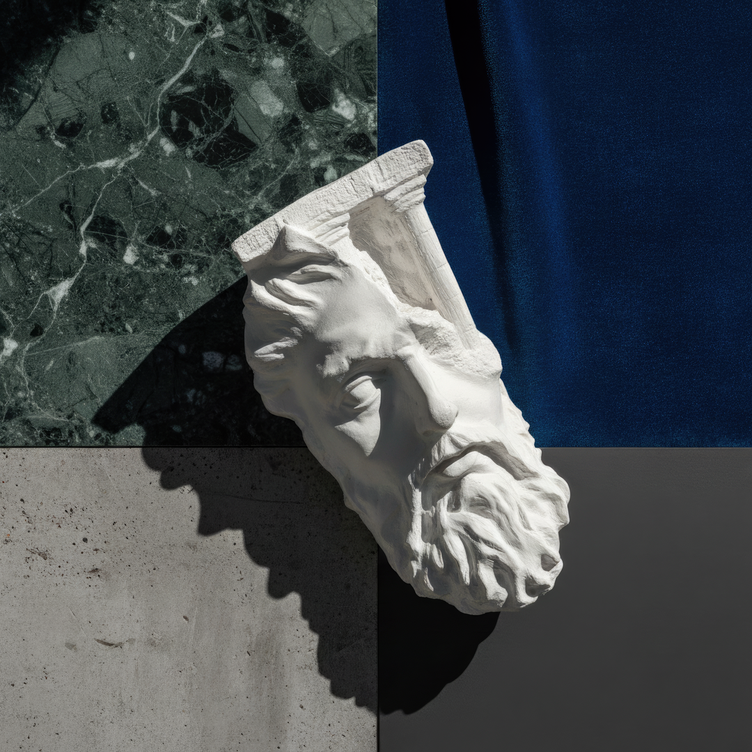 Mavi duvar üzerinde vurgulanan Zeus büstü – antik estetiği modern ev tasarımıyla birleştiren sade ama etkileyici kompozisyon. / Zeus bust displayed on blue-white wall – minimal yet powerful blend of ancient Greek art and modern home styling, ArkeoArt handmade wall sculpture.
